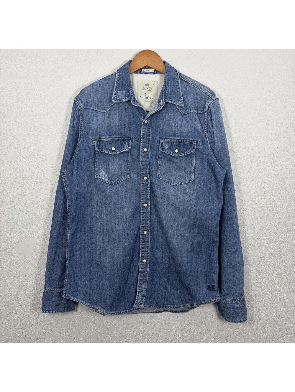 AE Outfitters Men’s L 100% Cotton Denim Shirt Blue Western Pearl Snap Cowboy